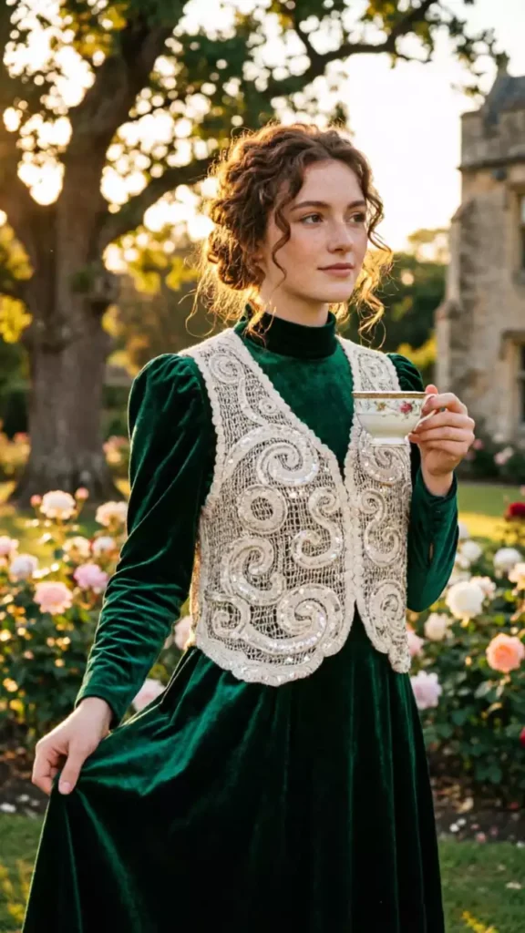 A model wearing a swirl-pattern crochet vest and a deep green velvet dress, holding a teacup in a rose garden at sunset, showcasing vintage Victorian style.