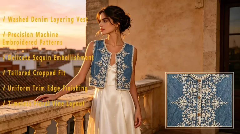A model wearing a washed denim embroidery layering vest on a terrace at sunset, with key product features listed on the left and a close-up of the embroidery texture in the bottom right.