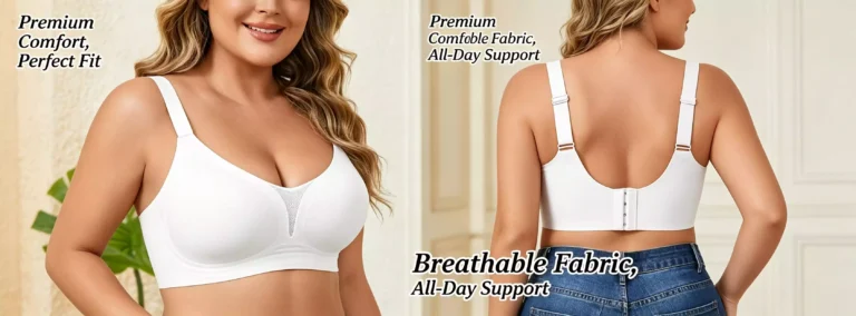 Front and back view of a model wearing a white breathable support bra, highlighting the premium fabric and comfortable fit for all-day wear.