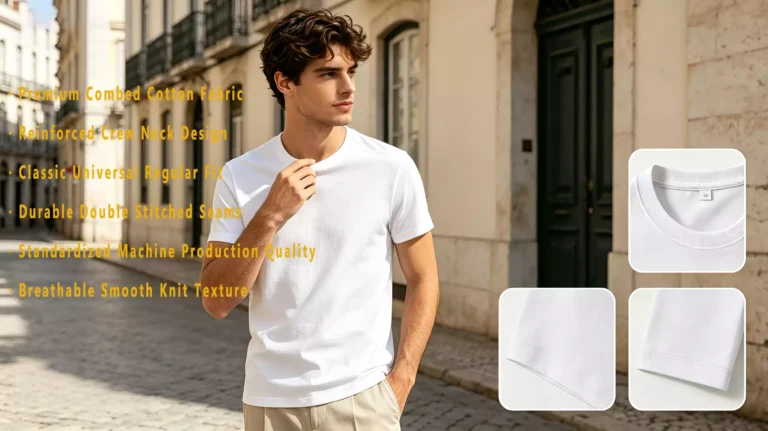 Model wearing a white t-shirt, featuring close-ups of the collar, sleeve, and a list of product benefits.
