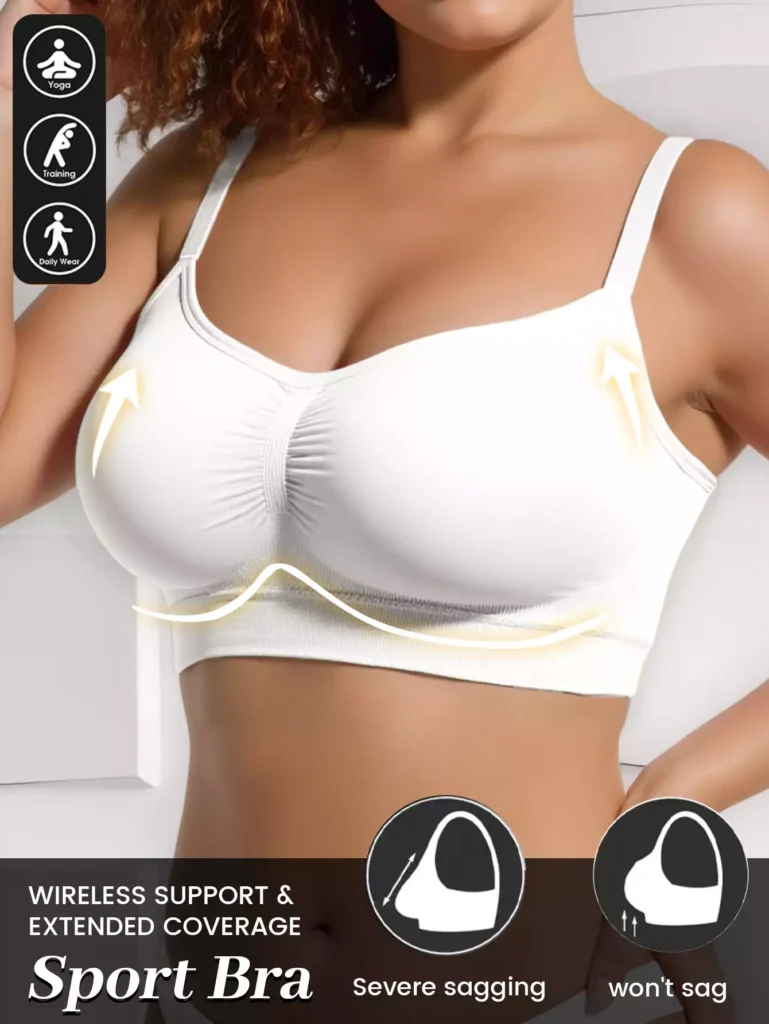 Model wearing a white wireless sport bra, featuring lift and anti-sag support technology suitable for yoga, training, and daily wear.