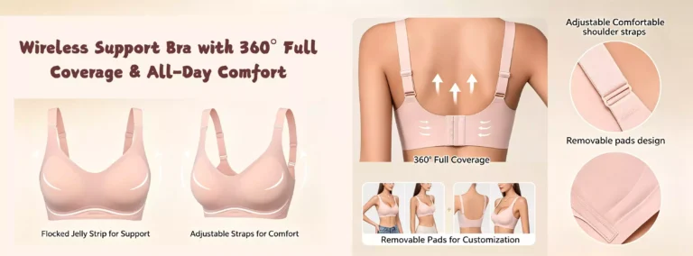 Product infographic of a nude wireless support bra featuring 360-degree full coverage, flocked jelly strips for support, adjustable straps, and removable pads for a customized fit