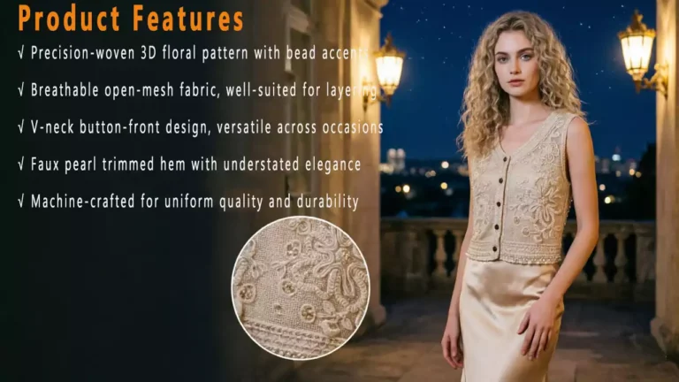 A blonde woman models a cream sleeveless vest with 3D floral embroidery, bead accents, V-neck, and pearl-trimmed hem, paired with a gold slip skirt, set against a night cityscape and product features text detailing the garment's quality and design.