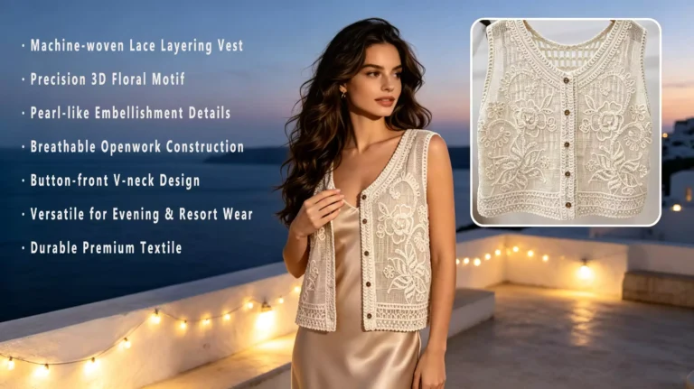 A woman in a cream machine-woven lace layering vest with 3D floral motifs and pearl-like embellishments over a gold satin dress, standing on a lit terrace at dusk. Product features include breathable openwork, button-front V-neck, and versatile premium textile for evening and resort wear. An inset shows a close-up of the vest.