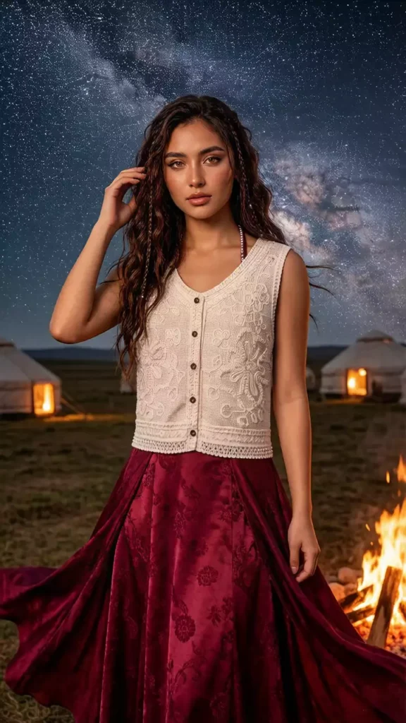 A woman with long wavy hair wears a cream embroidered sleeveless top and a flowing dark red skirt, standing in a camp of lit yurts under a vibrant starry night sky with a bonfire nearby.