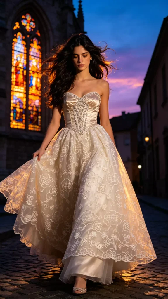 A woman in an elegant, off-white strapless wedding gown with an embellished bodice and intricate floral embroidery on the skirt, walking on cobblestones in front of a glowing stained-glass church window at twilight.