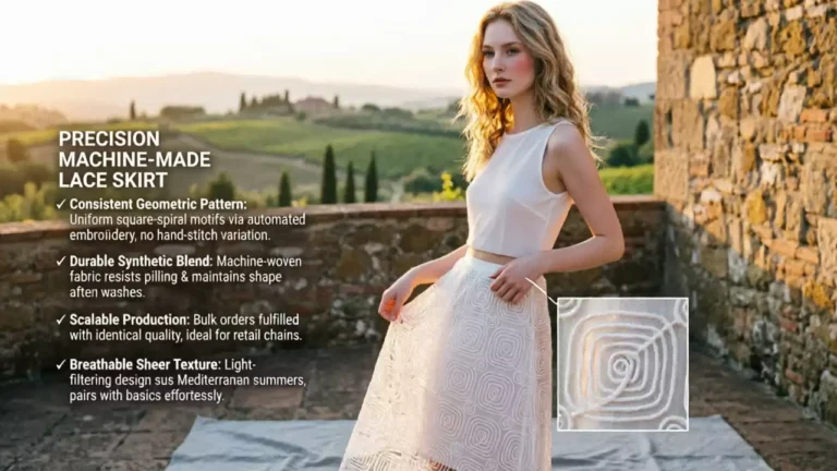 Woman in a white crop top and cream spiral embroidered midi skirt on a scenic stone terrace, with text highlighting the skirt's machine-made precision, durable synthetic blend, consistent geometric pattern, scalable production, and breathable sheer texture.