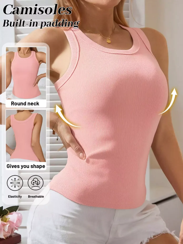 A pink ribbed camisole with built-in padding, featuring a round neck design and elastic, breathable fabric for a shaping fit.