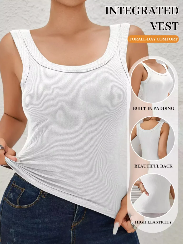 A white integrated vest with built-in padding, showing fabric elasticity and back design, perfect for all-day comfort.