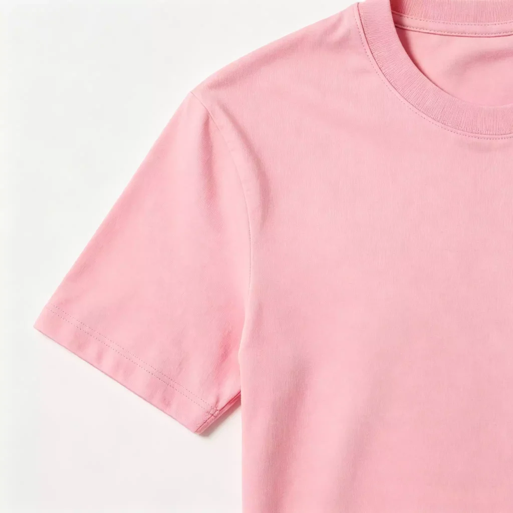 Close-up view of the ribbed neckline and short sleeve stitching on a soft pink women's crew-neck T-shirt, highlighting premium cotton fabric texture.