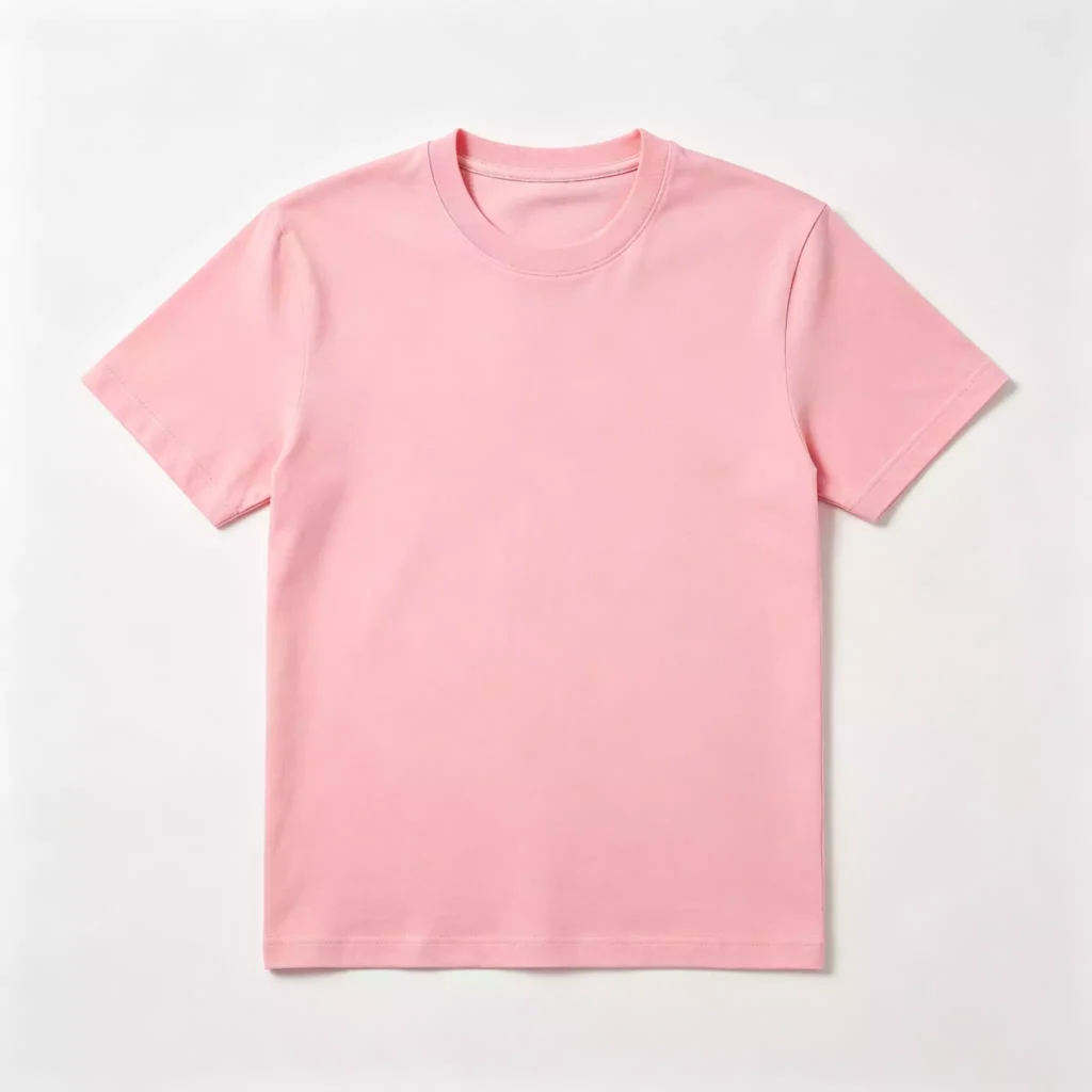 Flat lay of a soft pink women's crew-neck T-shirt on a clean white background, showcasing the classic short-sleeve cut and minimalist design.