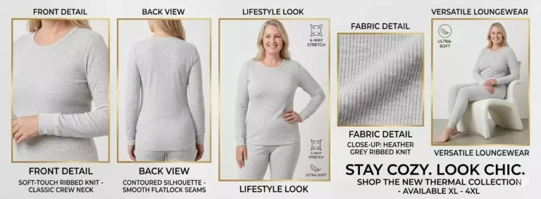 Promotional banner for a women's heather grey ribbed thermal loungewear set, featuring front and back views, a model wearing the set, and a close-up of the ultra-soft fabric.