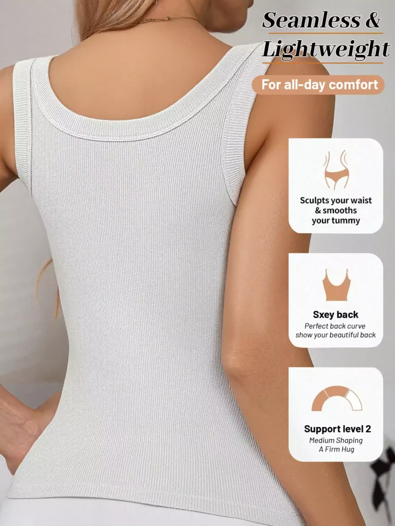 Back view of a woman wearing a seamless, lightweight shaping camisole that provides medium support and smooths the waist.