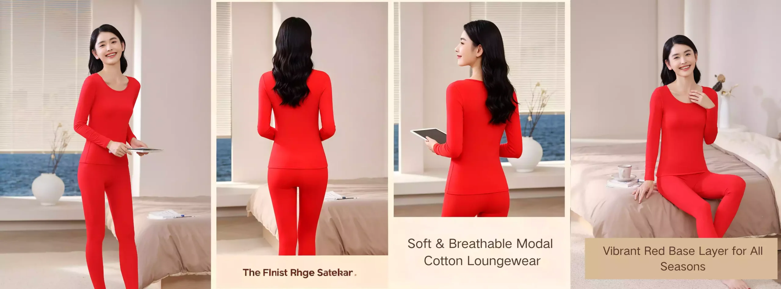 A comprehensive product view of a vibrant red women's thermal underwear set, showcasing front, back, and side model poses, along with highlights of the soft, breathable modal cotton fabric.