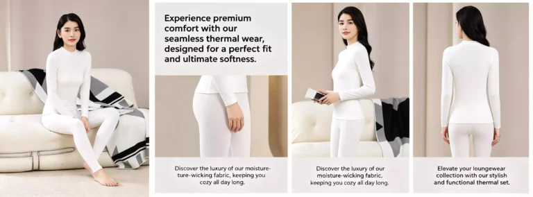 A comprehensive product view of a white women's mock-neck thermal underwear set, showcasing front, side, and back model poses, along with highlights of the moisture-wicking and seamless fabric.