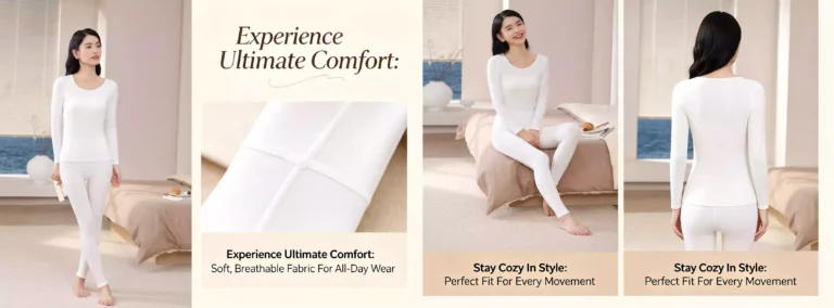 A comprehensive product view of a white women's thermal underwear set, showcasing front, back, and seated model poses, along with a close-up of the soft, breathable fabric.