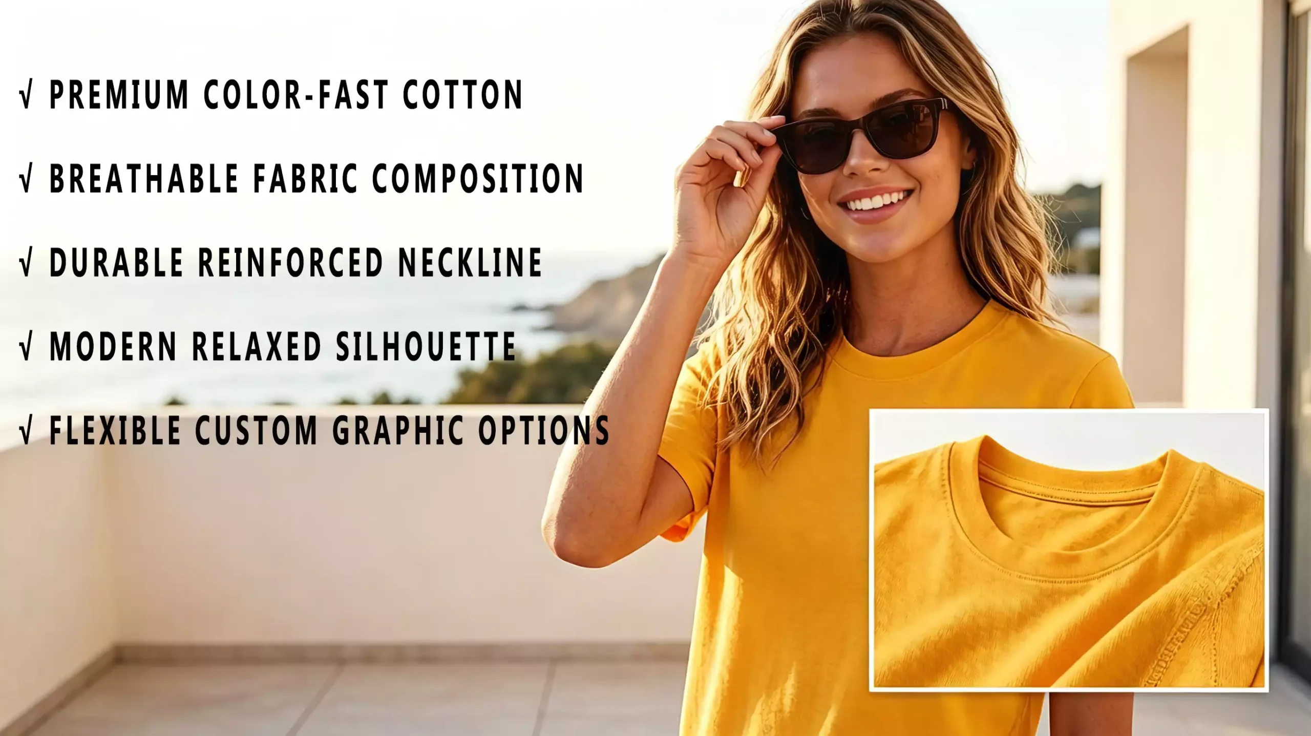 A woman wearing sunglasses and a yellow crew-neck t-shirt, with five core product benefits listed on the left and a close-up of the collar detail on the bottom right.